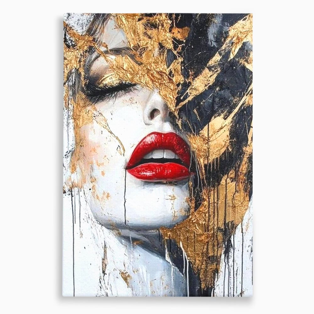 Tablou canvas cu tablou canvas cu chip de femeie si buze rosii, fara rama, pe sasiu de lemn